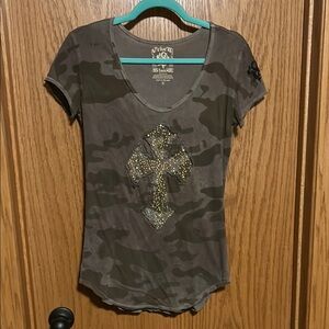 Velvet Stone Gray and Green Fitted Cap Sleeve T-Shirt